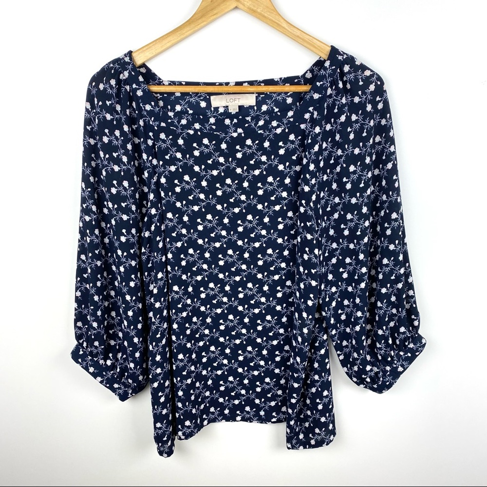 Loft Navy Floral Square Neck Blouse